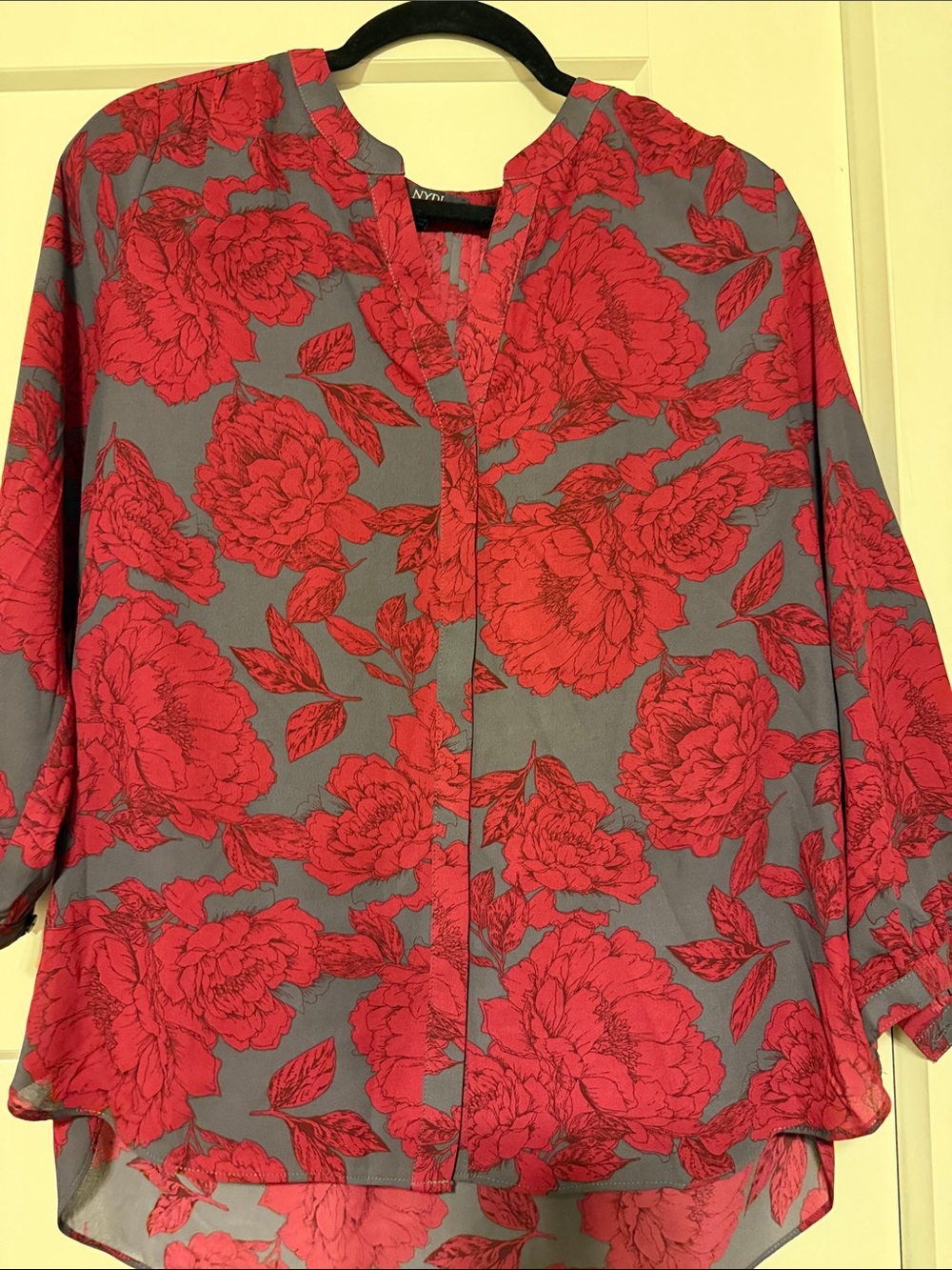 NYDJ Gray Blouse with Red Floral Print - Notch Neck Long Sleeve